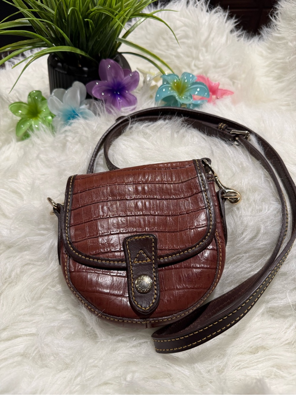 Dooney & Bourke Embossed Croco Brown Mini Flap Crossbody Bag Adjustable Strap